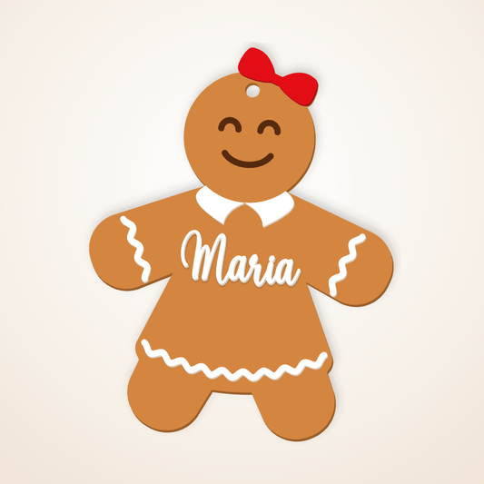 Gingerbread girl ornament with a red hair bow and a white collar, named Maria
