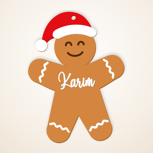 Gingerbread ornament in a Santa hat, named Karim