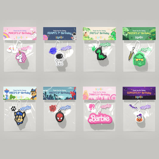 Squigli birthday return gift bags in eight themes: unicorn, space, dinosaur, green ninja, Paw Patrol, Spider-Man, Barbie and Halloween