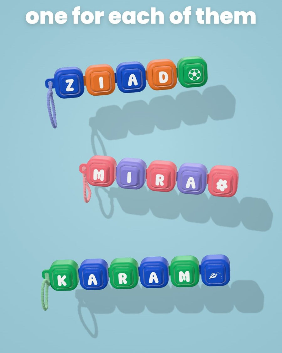 Colorful Squigli name clickers spelling names with symbols