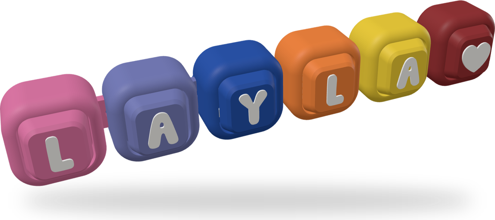 A name strand of colorful letter clickers spelling Layla with a heart